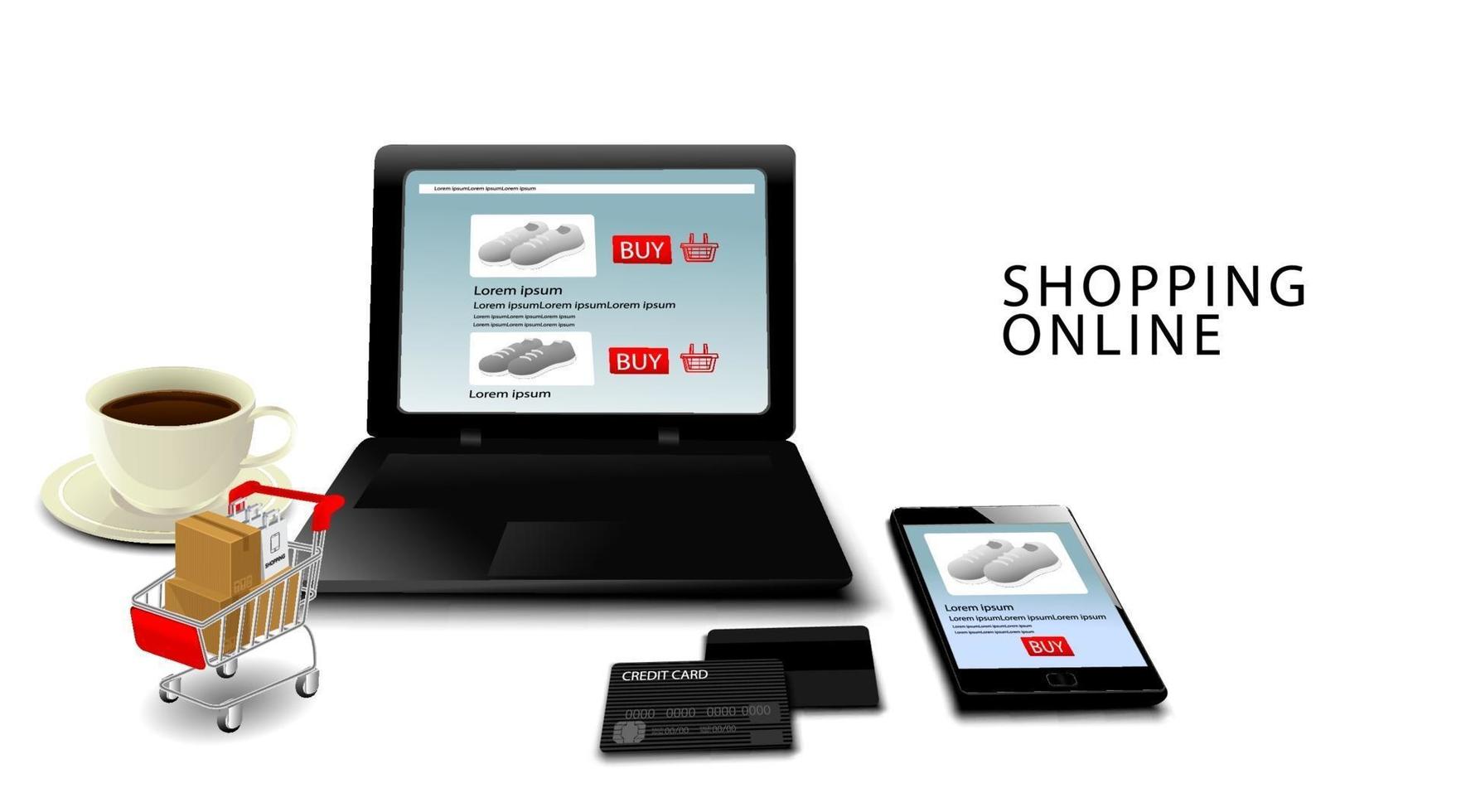 concetto di acquisto online, smartphone e laptop con carte di credito, prodotti sul carrello con sfondo bianco isolato vettore