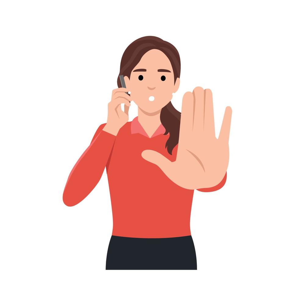 giovane donna con mano Esprimere a gesti no o fermare cartello mentre parlando su il Telefono. piatto vettore illustrazione isolato su bianca sfondo