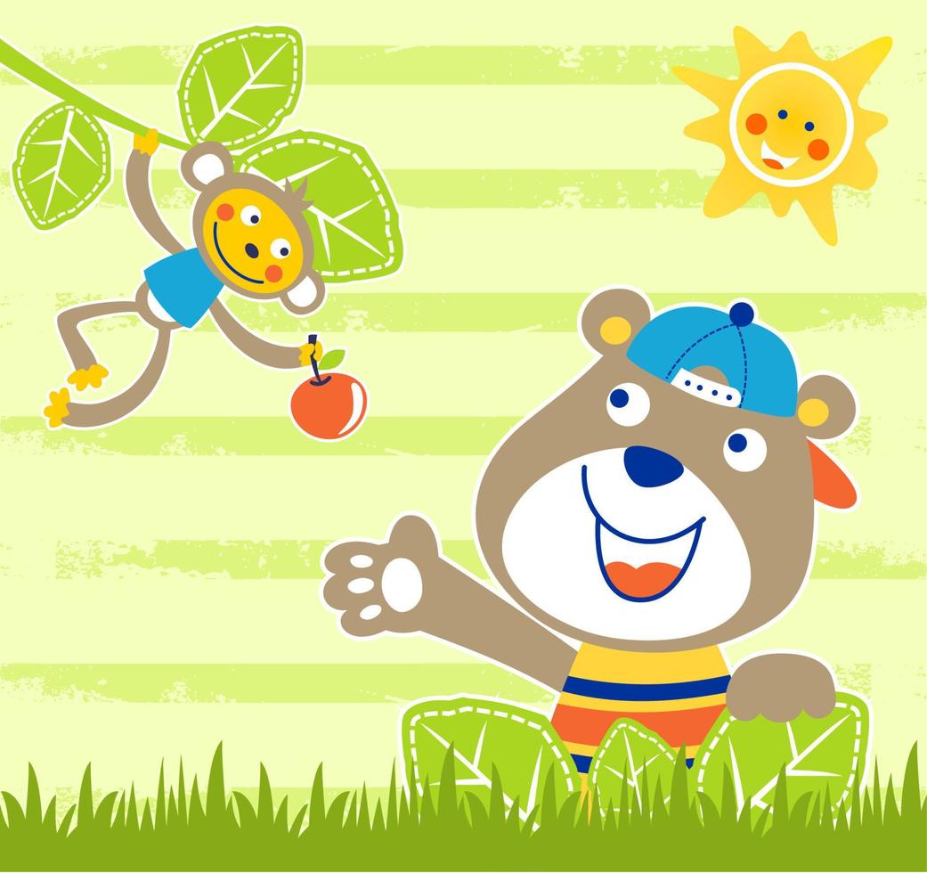 divertente scimmia Tenere frutta nel albero rami con carino orso, sorridente sole su a strisce sfondo, vettore cartone animato illustrazione