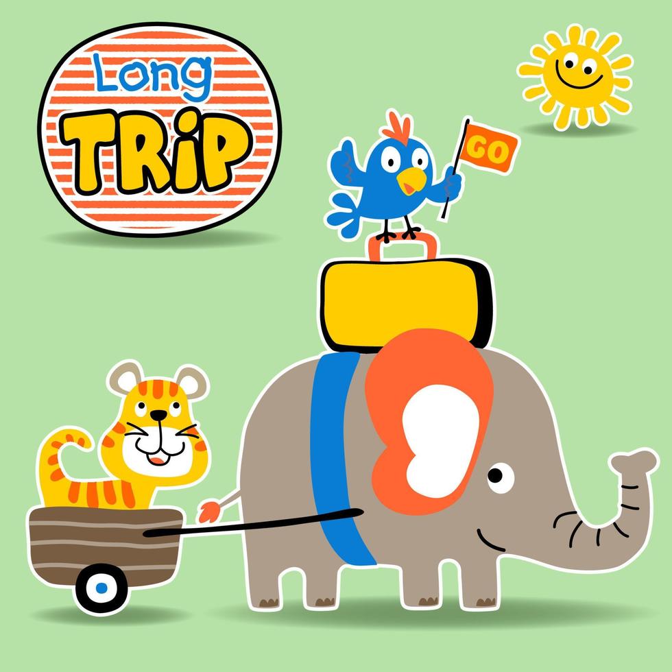 carino elefante con tigre e uccello su viaggio, vettore cartone animato illustrazione