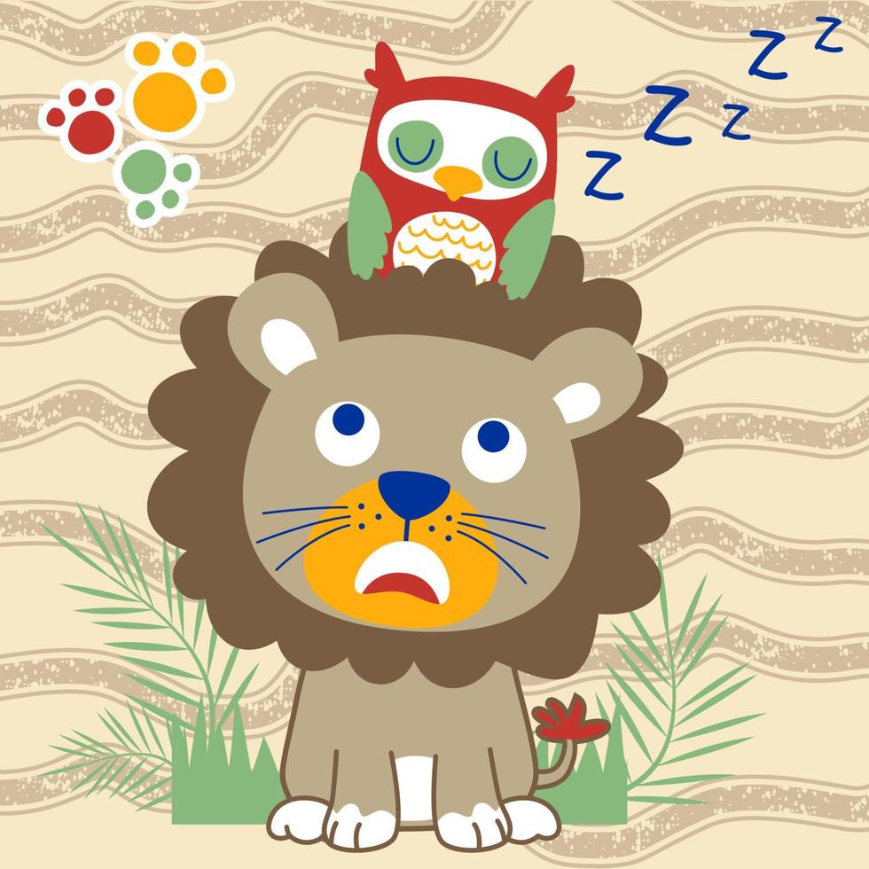 carino gufo addormentato su leoni testa, vettore cartone animato illustrazione