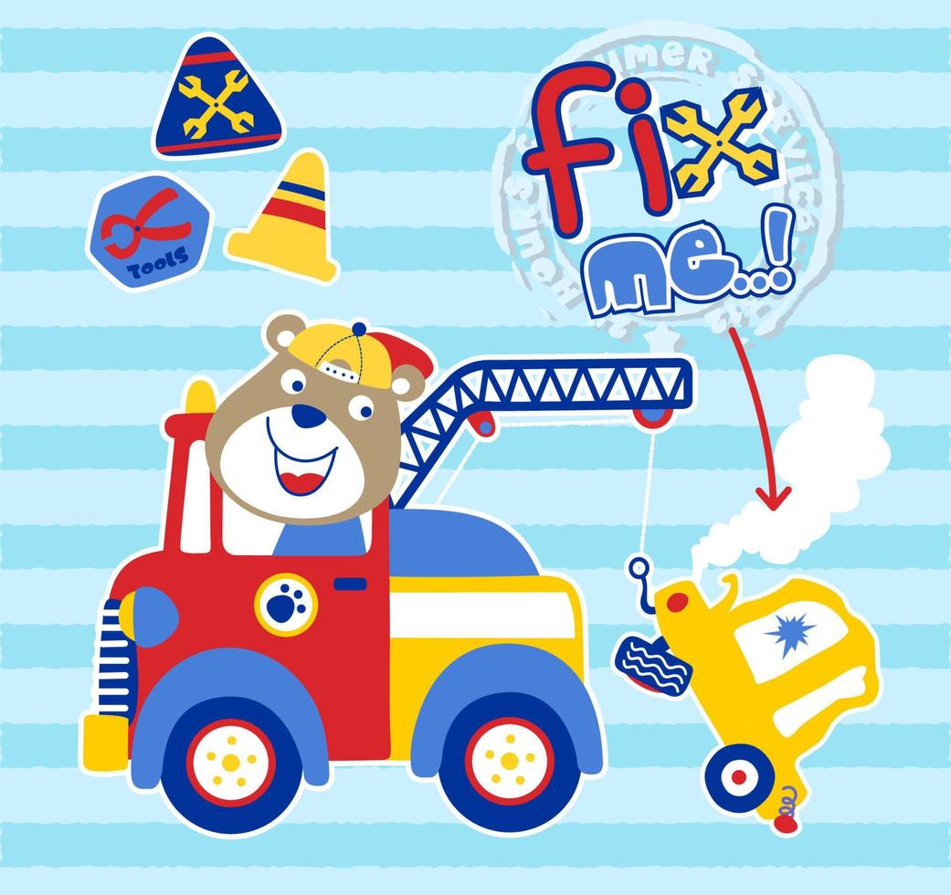 carino orso guida trainare camion con rotto macchina, vettore cartone animato illustrazione