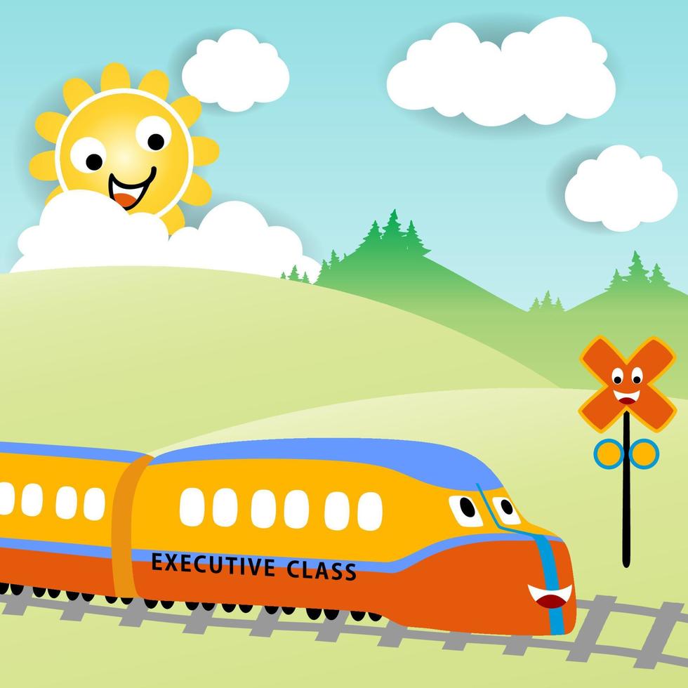 divertente veloce treno con ferrovia cartello, sorridente sole dietro a nuvole, vettore cartone animato illustrazione