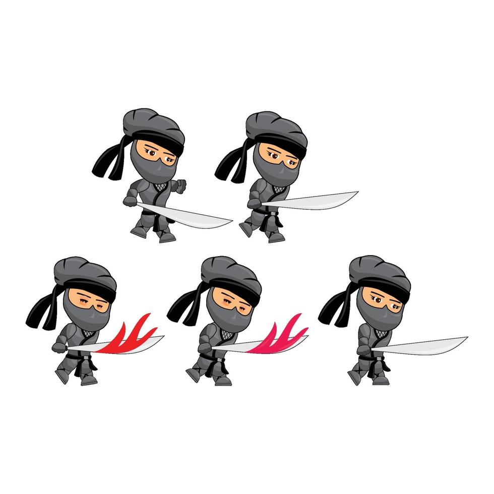 insieme dell'illustrazione del modello degli sprite del gioco di attacco del ninja nero vettore