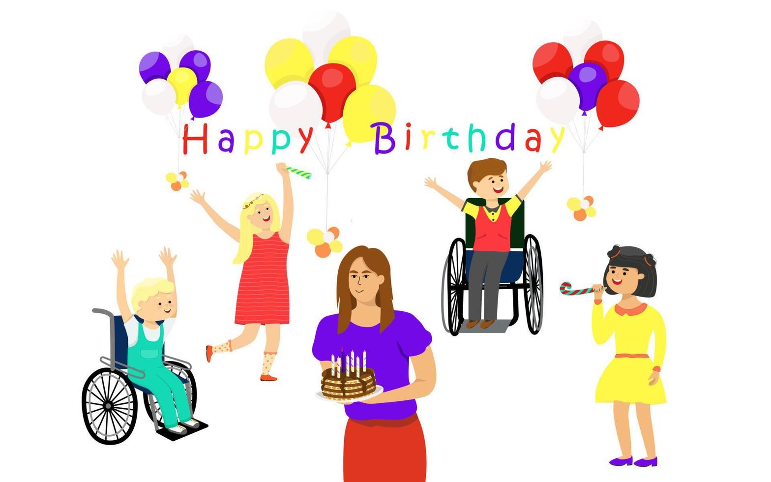 compleanno. Disabilitato carrozza. bambini siamo contento. un' bambino con disabilità è contento per un' compleanno. mamma con torta. luminosa palle. vettore illustrazione