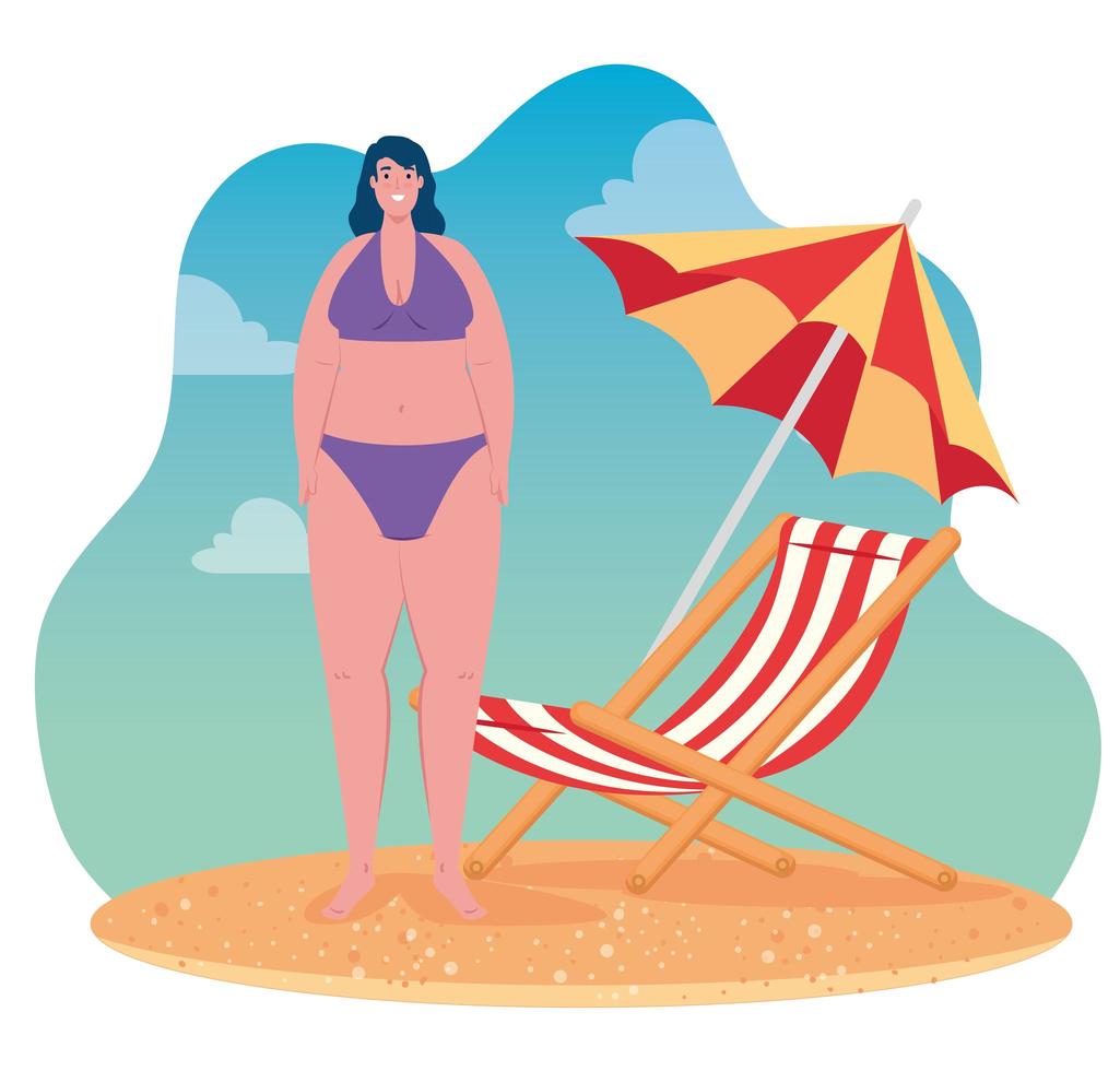 donna carina in costume da bagno sulla spiaggia, stagione delle vacanze estive vettore