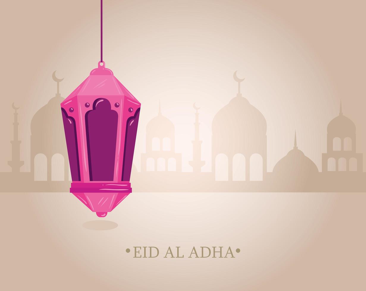 celebrazione di eid al adha mubarak con lanterna appesa vettore