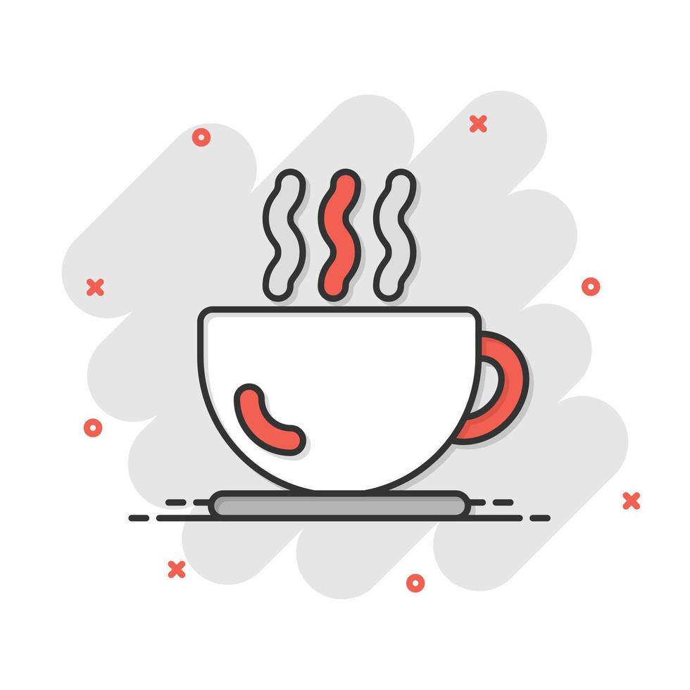 caffè tazza icona nel comico stile. caldo tè cartone animato vettore illustrazione su bianca isolato sfondo. bevanda boccale spruzzo effetto attività commerciale concetto.