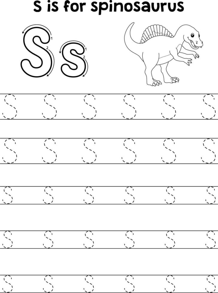 Spinosaurus dinosauro tracciato lettera abc colorazione S vettore