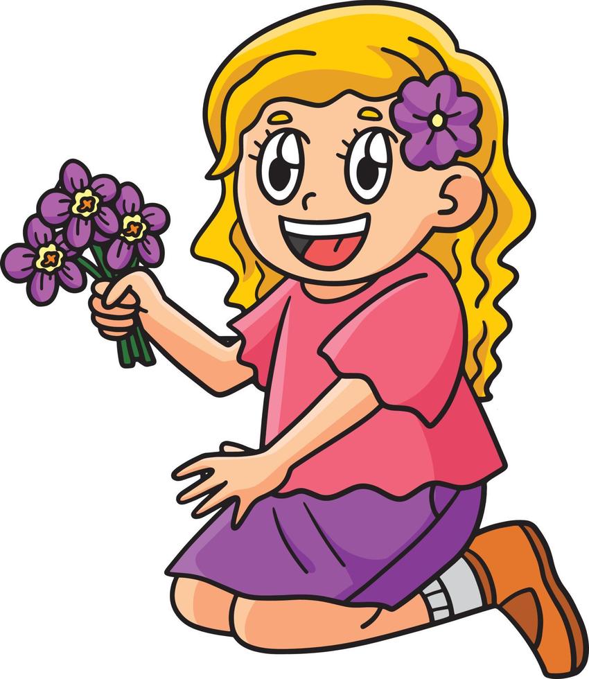 primavera ragazza raccolta fiori cartone animato clipart vettore