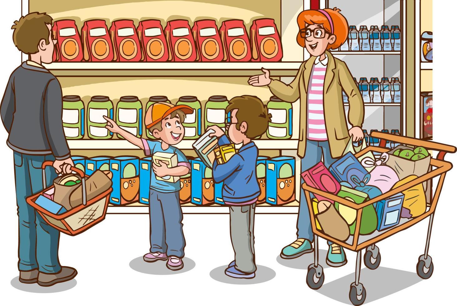 shopping bambini e famiglia cartone animato vettore illustrazione