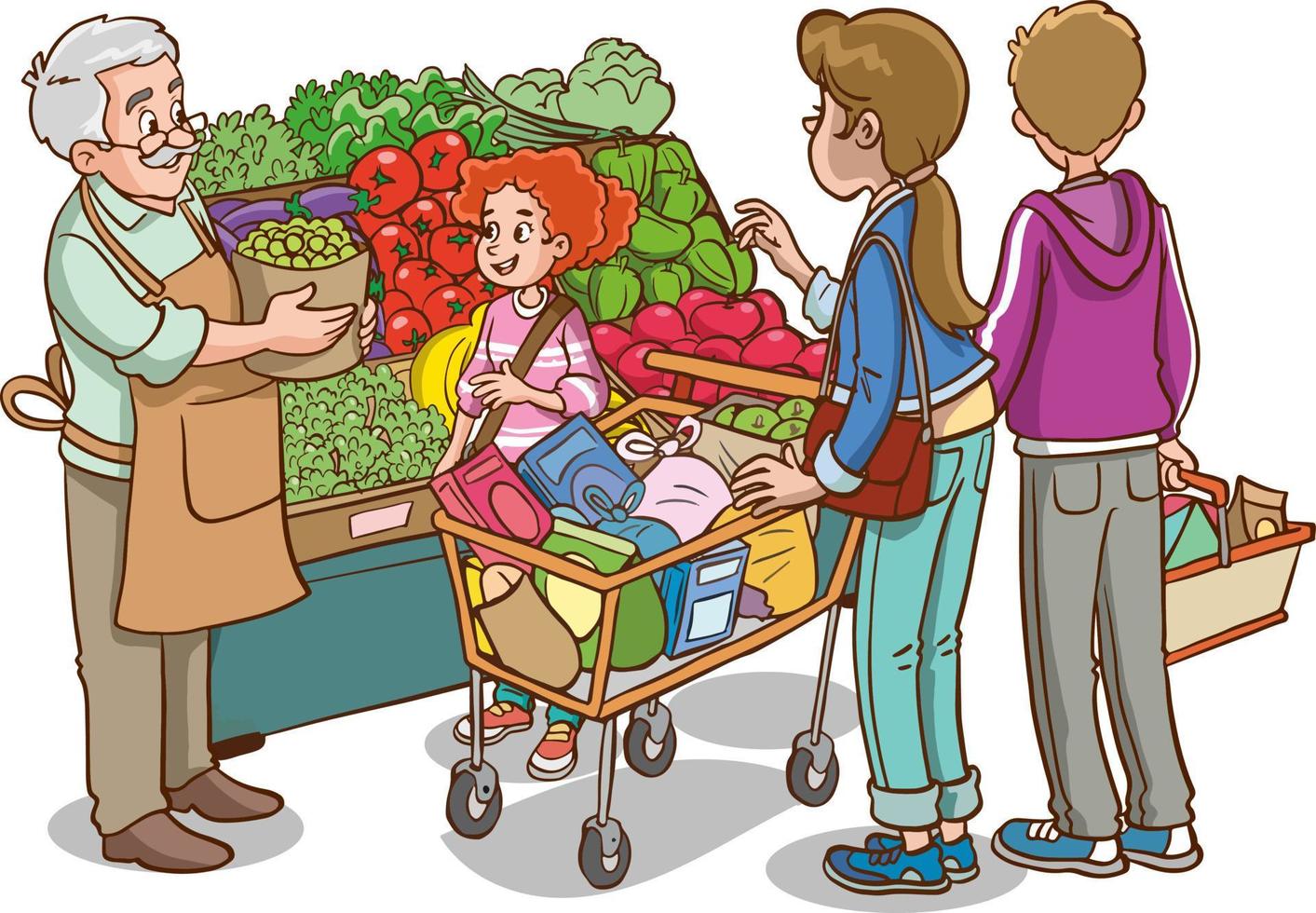famiglia shopping a il mercato cartone animato vettore