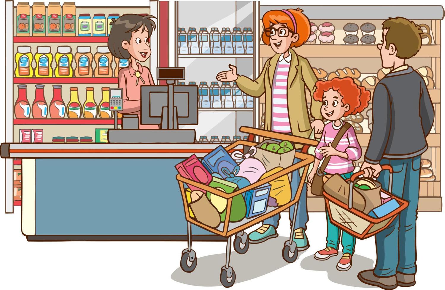 shopping bambini e famiglia cartone animato vettore illustrazione