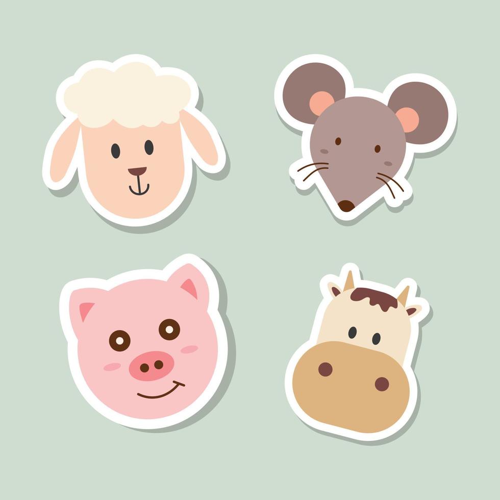 animale cartone animato facce vettore icone impostare. impostato di 4 animale pecora, ratto, maiale e mucca adesivi. mano disegnato vettore illustrazione.