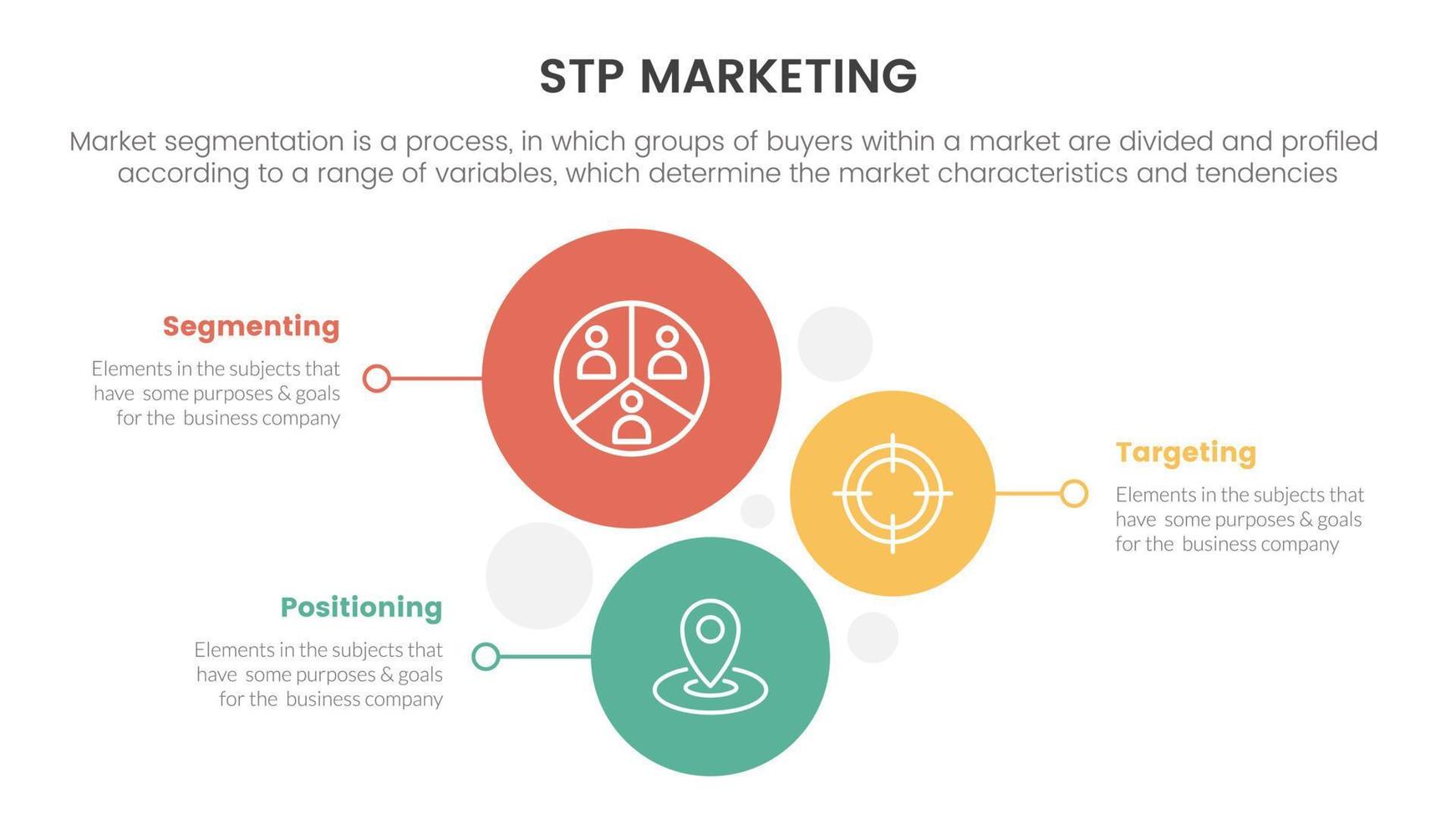 stp marketing strategia modello per segmentazione cliente Infografica con verticale cerchio direzione concetto per diapositiva presentazione vettore