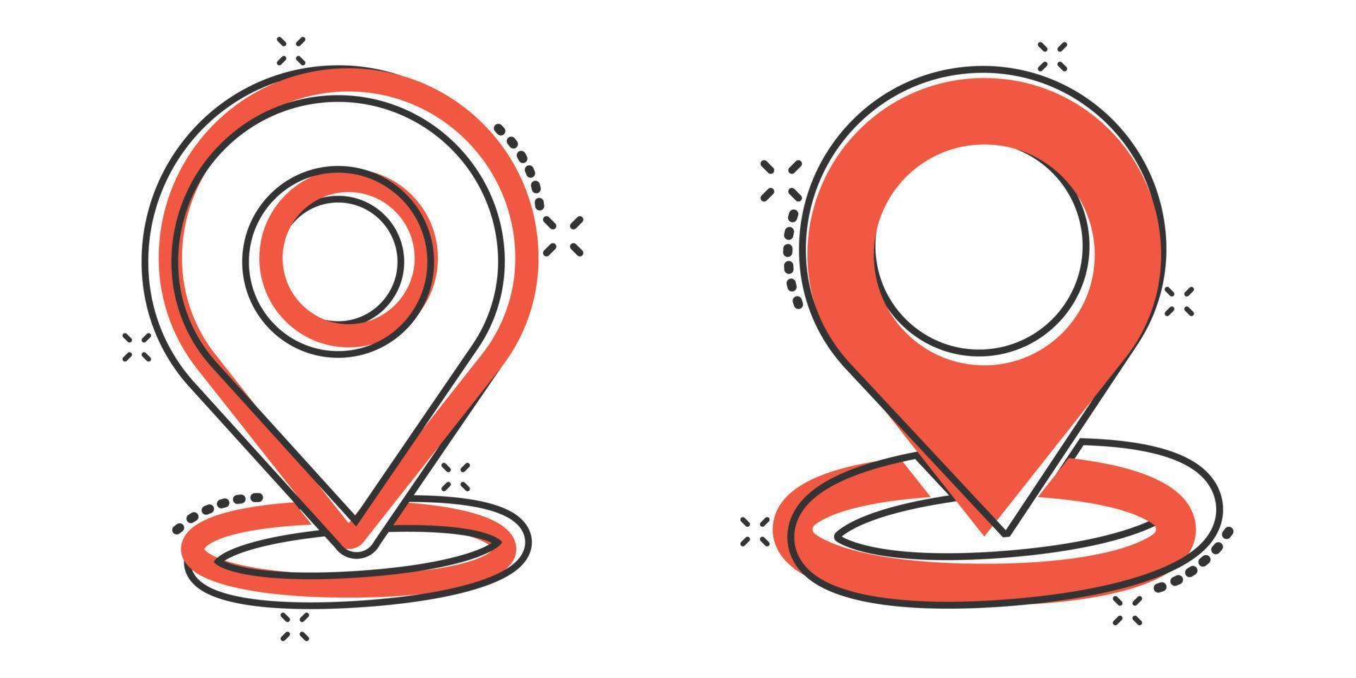 carta geografica perno icona nel comico stile. GPS navigazione cartone animato vettore illustrazione su bianca isolato sfondo. individuare posizione spruzzo effetto attività commerciale concetto.