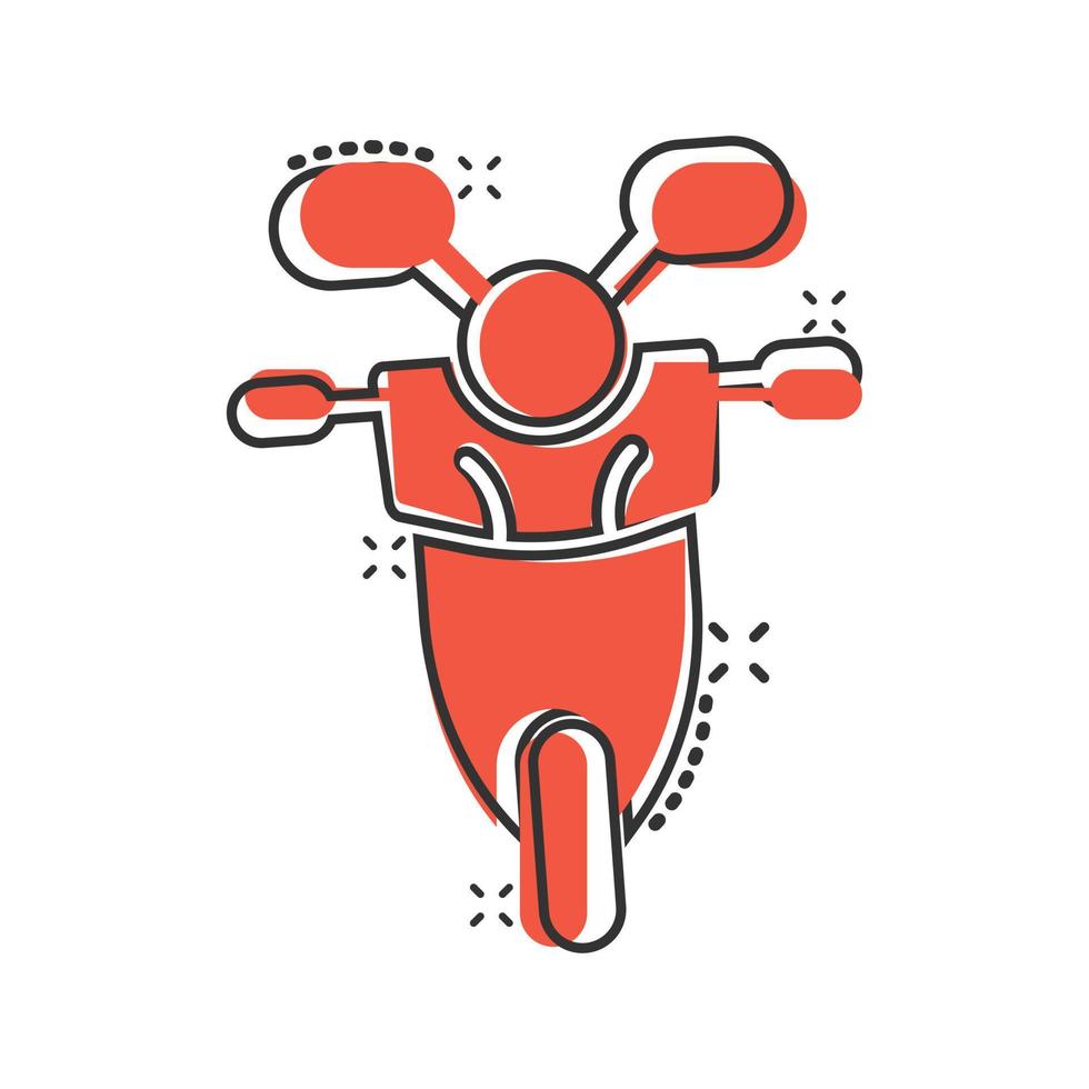 motocicletta icona nel comico stile. scooter cartone animato vettore illustrazione su bianca isolato sfondo. ciclomotore veicolo spruzzo effetto attività commerciale concetto.
