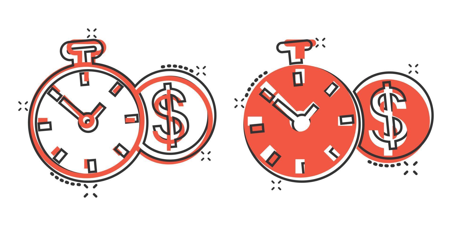 tempo è i soldi icona nel comico stile. orologio con dollaro cartone animato vettore illustrazione su bianca isolato sfondo. moneta spruzzo effetto attività commerciale concetto.