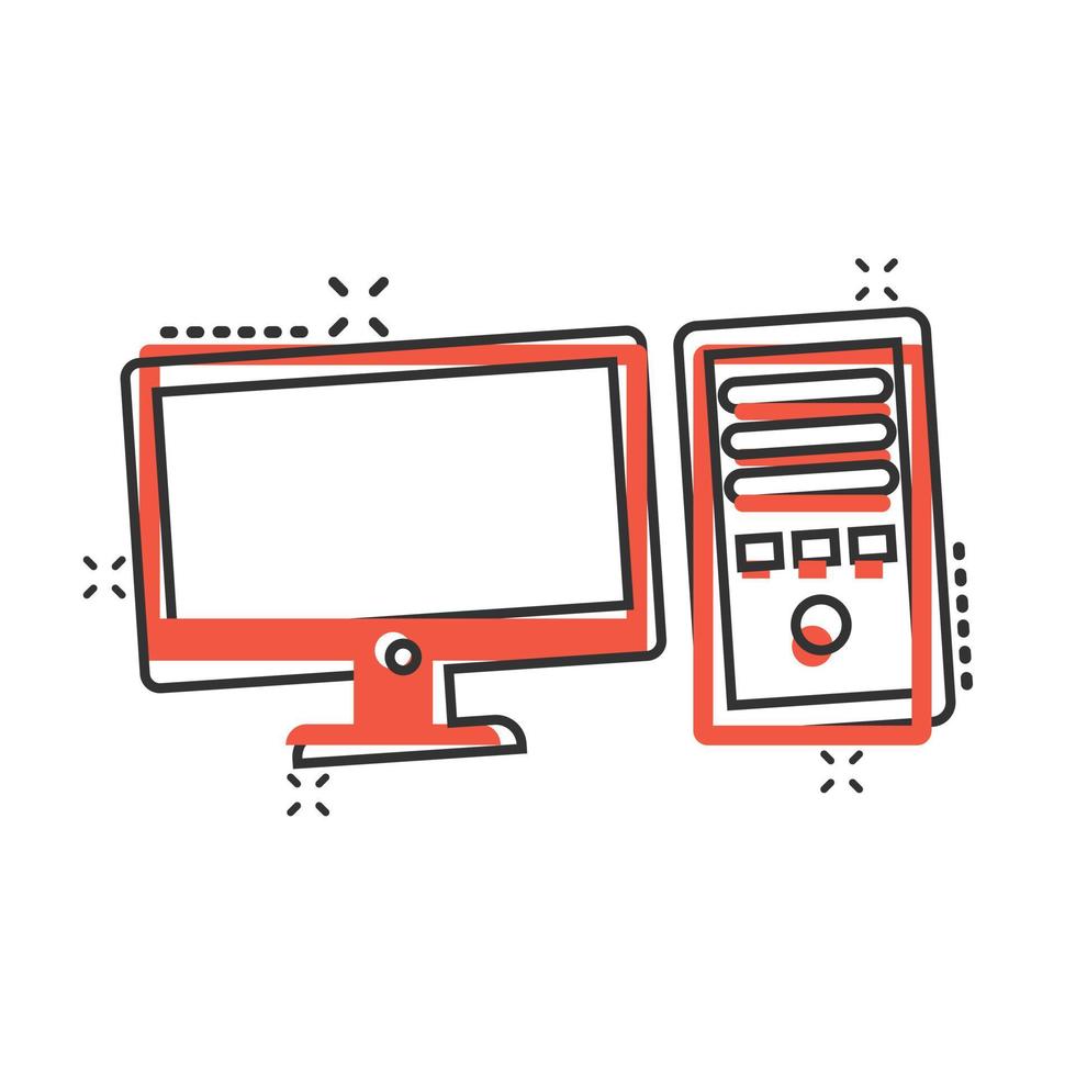 pc computer icona nel comico stile. del desktop cartone animato vettore illustrazione su bianca isolato sfondo. dispositivo tenere sotto controllo spruzzo effetto attività commerciale concetto.
