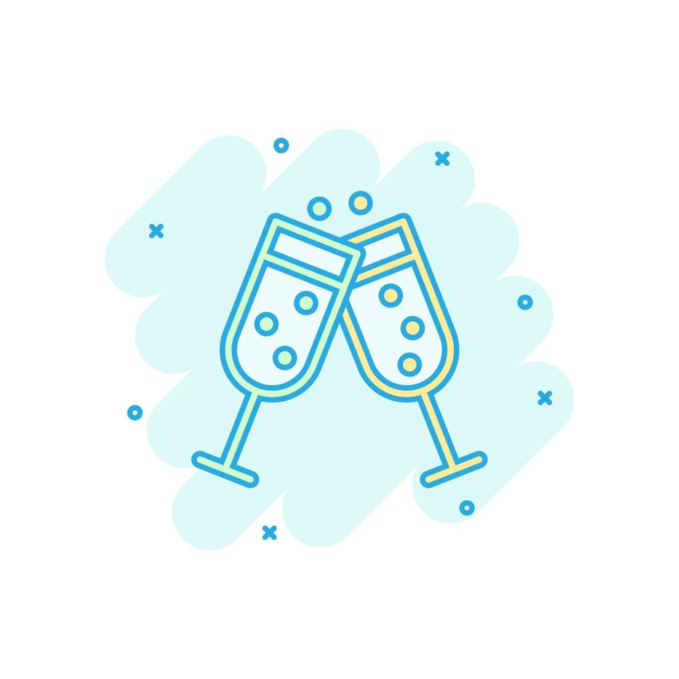Champagne bicchiere icona nel comico stile. alcool bevanda vettore cartone animato illustrazione su bianca isolato sfondo. cocktail spruzzo effetto attività commerciale concetto.