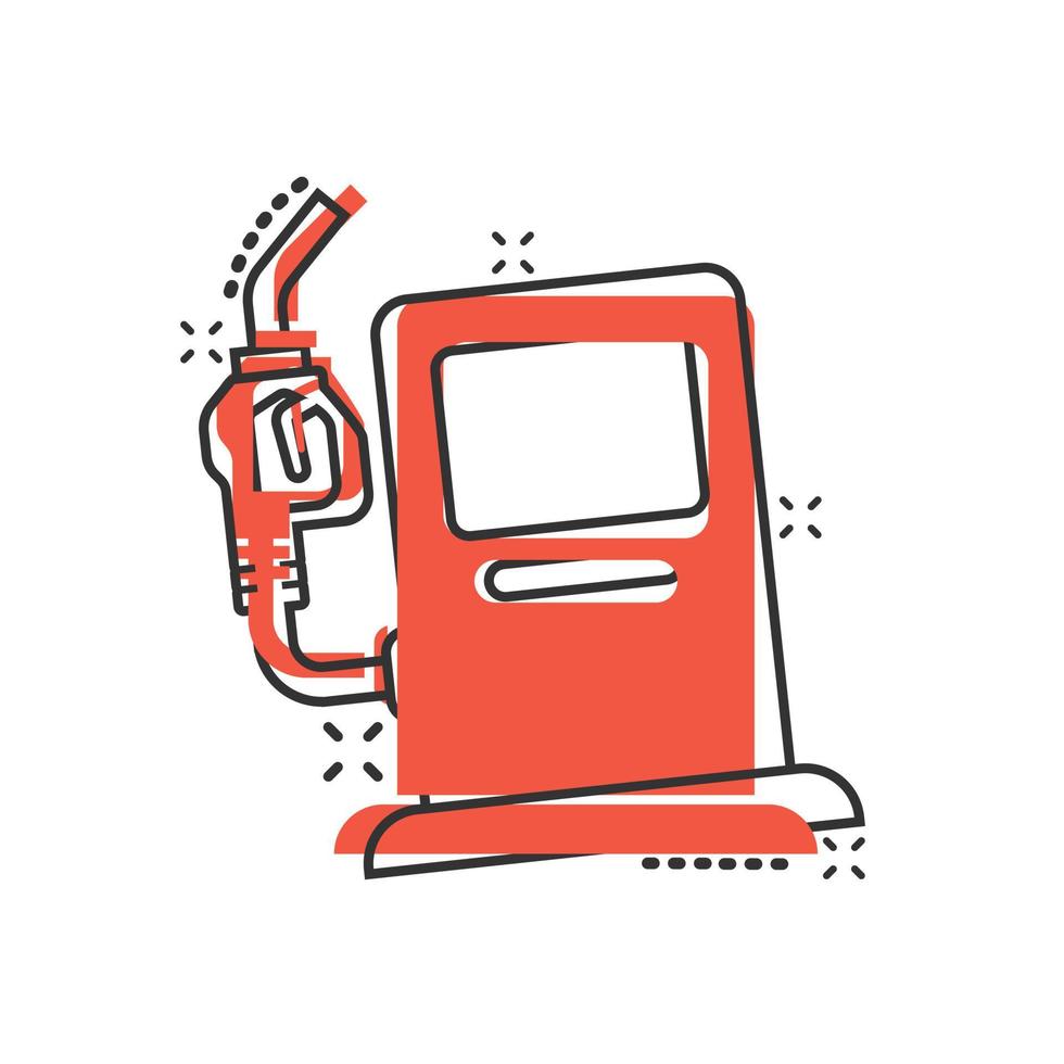 carburante pompa icona nel comico stile. gas stazione cartone animato cartello vettore illustrazione su bianca isolato sfondo. benzina spruzzo effetto attività commerciale concetto.