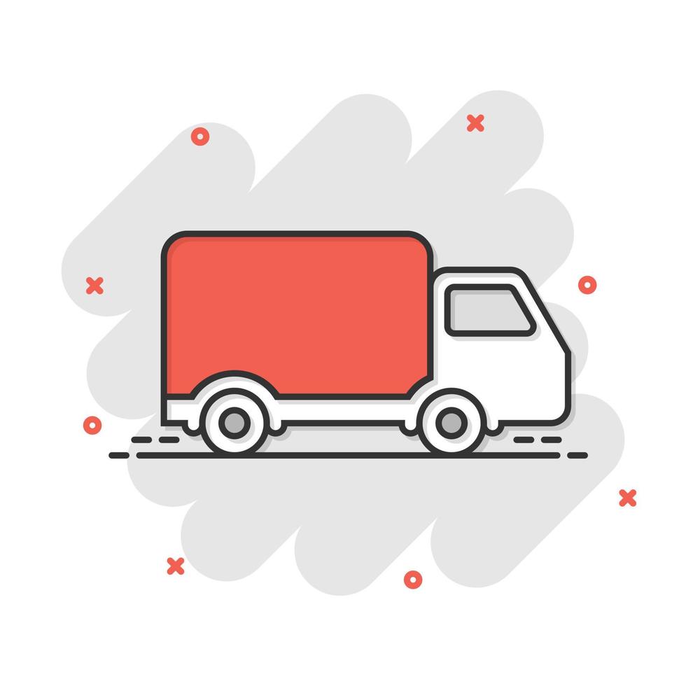 consegna camion cartello icona nel comico stile. furgone vettore cartone animato illustrazione su bianca isolato sfondo. carico auto attività commerciale concetto spruzzo effetto.
