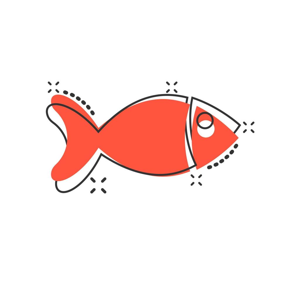 pesce cartello icona nel comico stile. pesce rosso vettore cartone animato illustrazione su bianca isolato sfondo. frutti di mare attività commerciale concetto spruzzo effetto.