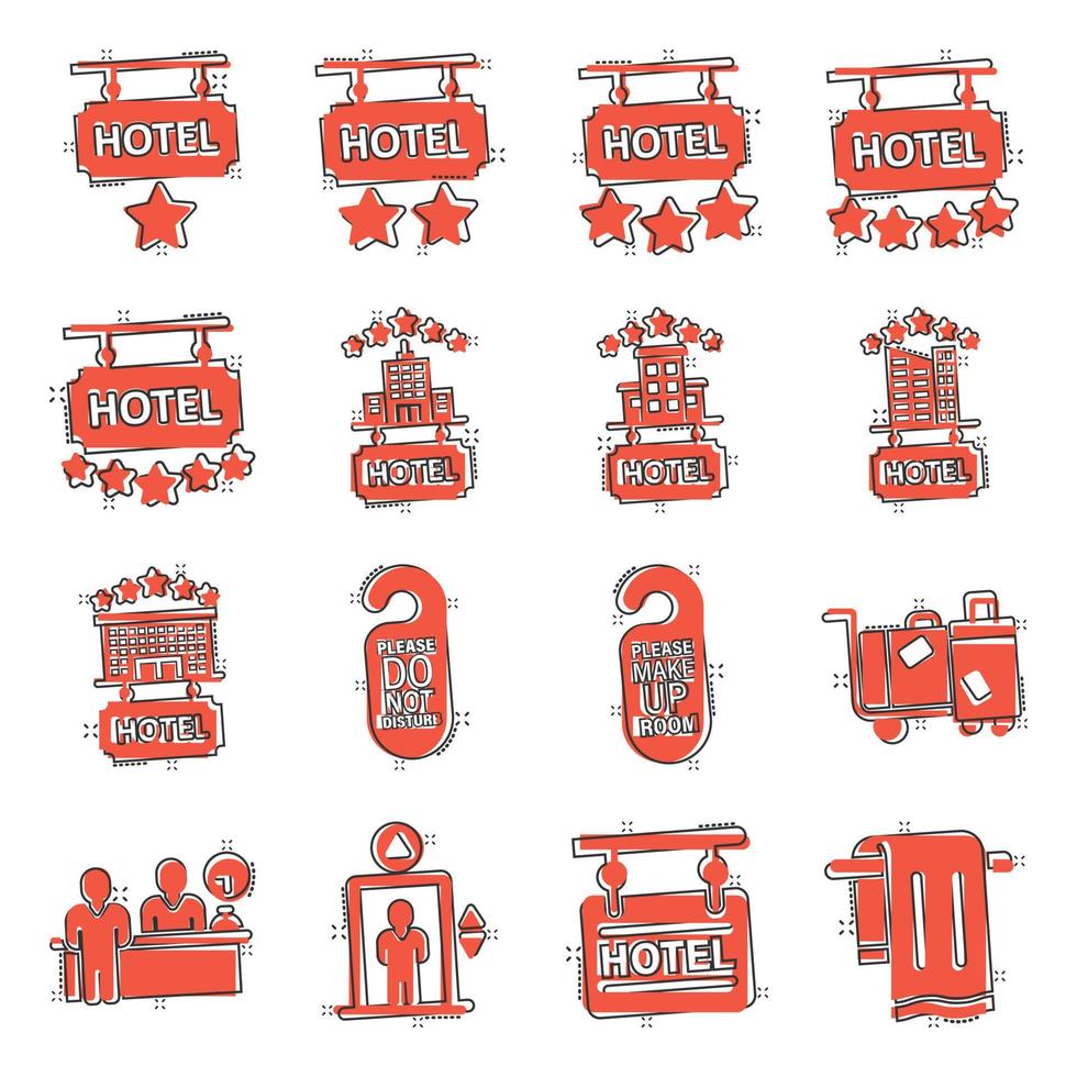 Hotel icona impostato nel comico stile. prenotazione cartone animato vettore illustrazione su bianca isolato sfondo. vacanza prenotazione spruzzo effetto attività commerciale concetto.