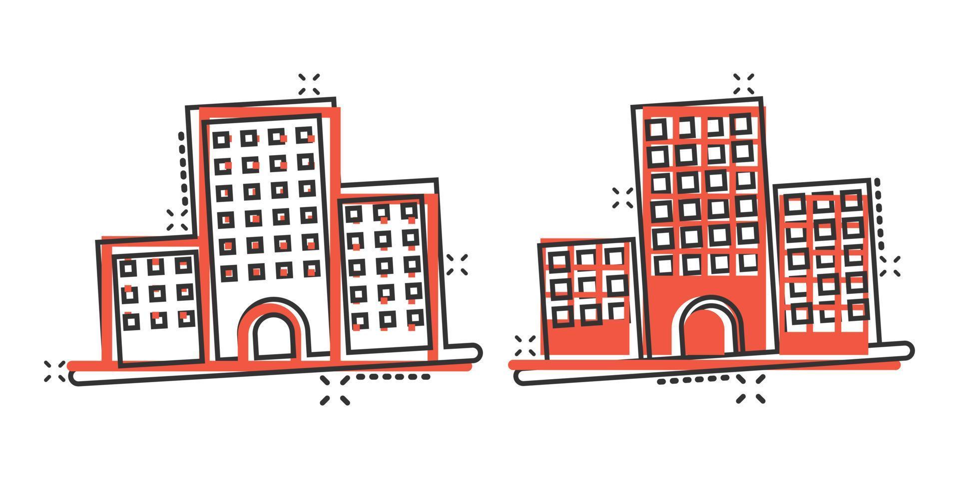 edificio icona nel comico stile. cittadina grattacielo appartamento cartone animato vettore illustrazione su bianca isolato sfondo. città Torre spruzzo effetto attività commerciale concetto.