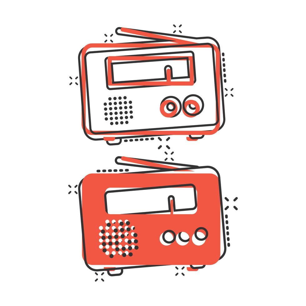 Radio icona nel comico stile. fm trasmissione cartone animato vettore illustrazione su bianca isolato sfondo. trasmissione radiofonica spruzzo effetto attività commerciale concetto.