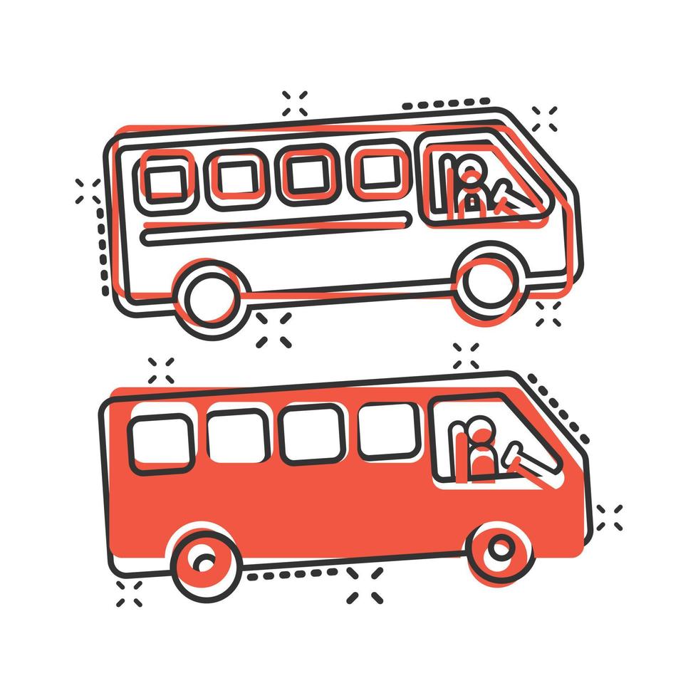 autobus icona nel comico stile. allenatore cartone animato vettore illustrazione su bianca isolato sfondo. autobus veicolo spruzzo effetto attività commerciale concetto.