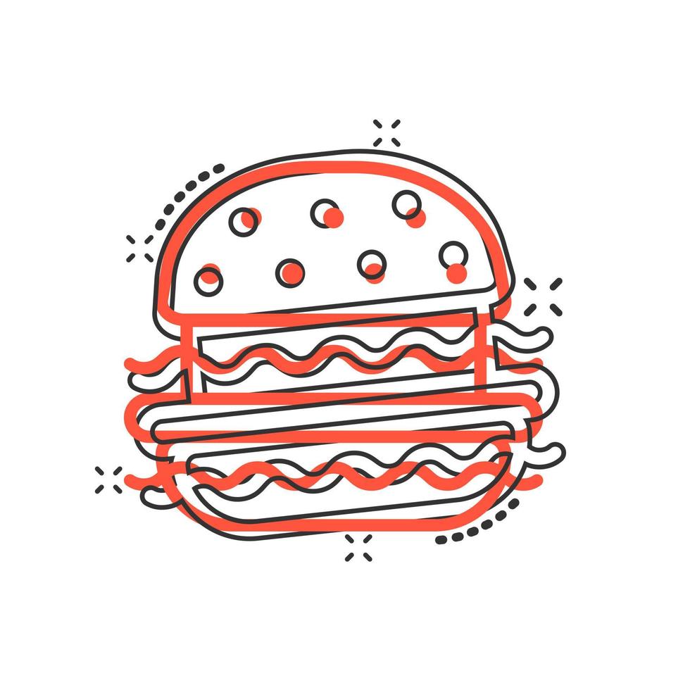 hamburger cartello icona nel comico stile. Hamburger vettore cartone animato illustrazione su bianca isolato sfondo. hamburger al formaggio attività commerciale concetto spruzzo effetto.
