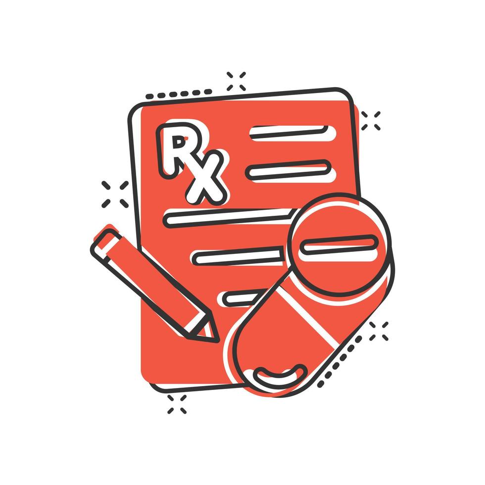 prescrizione icona nel comico stile. rx documento cartone animato vettore illustrazione su bianca isolato sfondo. carta spruzzo effetto attività commerciale concetto.