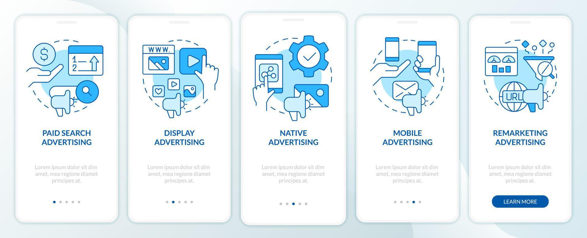 tipi di digitale pubblicità blu onboarding mobile App schermo. Procedura dettagliata 5 passaggi modificabile grafico Istruzioni con lineare concetti. ui, ux, gui modello vettore