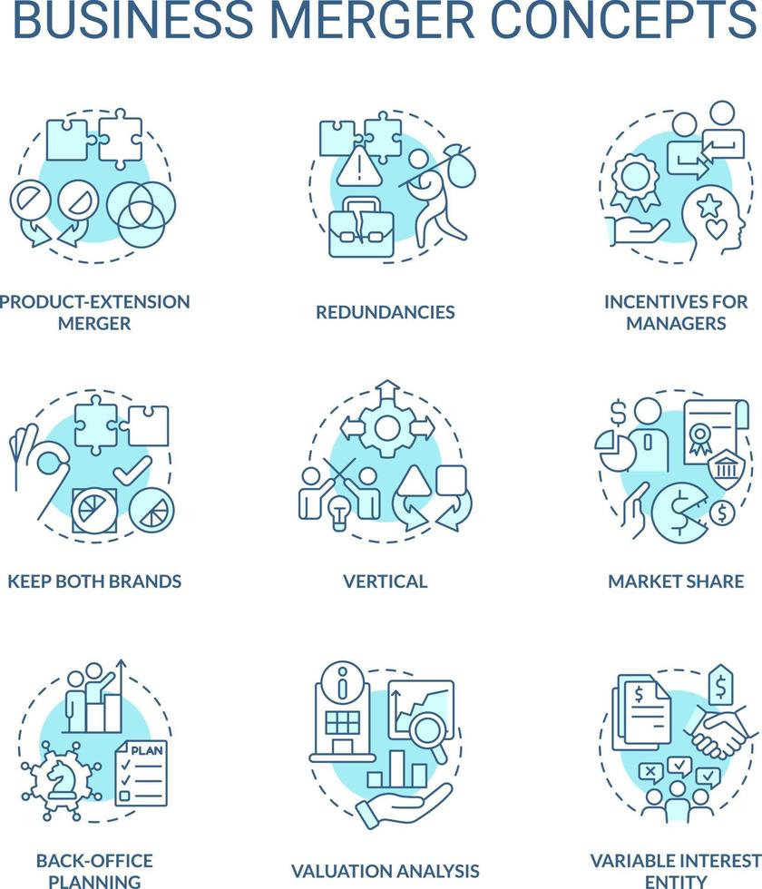 attività commerciale fusione e consolidamento turchese concetto icone impostare. aziende integrazione idea magro linea colore illustrazioni. isolato simboli. modificabile ictus vettore