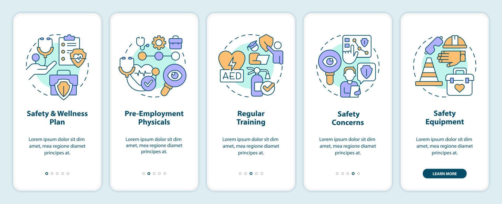 incidente prevenzione nel posto di lavoro suggerimenti onboarding mobile App schermo. Procedura dettagliata 5 passaggi modificabile grafico Istruzioni con lineare concetti. ui, ux, gui modello vettore