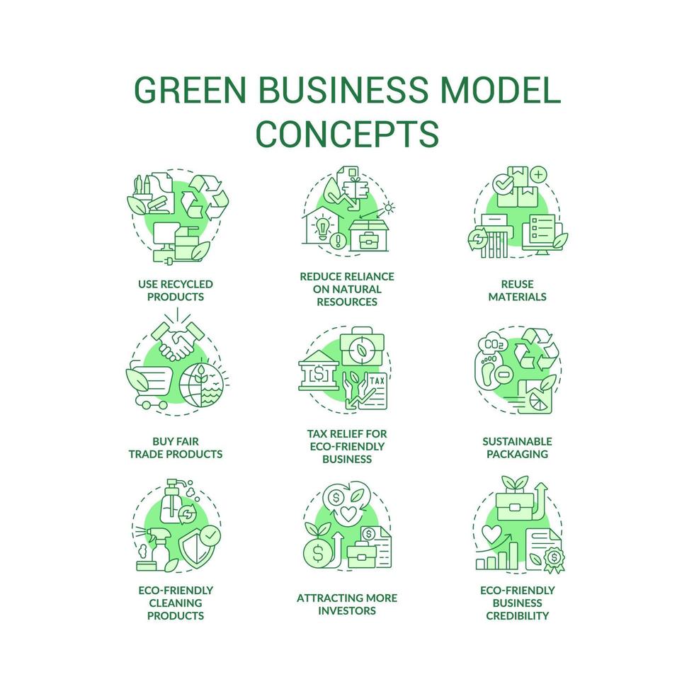 ecologico attività commerciale modello verde concetto icone impostare. eco-friendly produzione idea magro linea colore illustrazioni. isolato simboli. modificabile ictus vettore