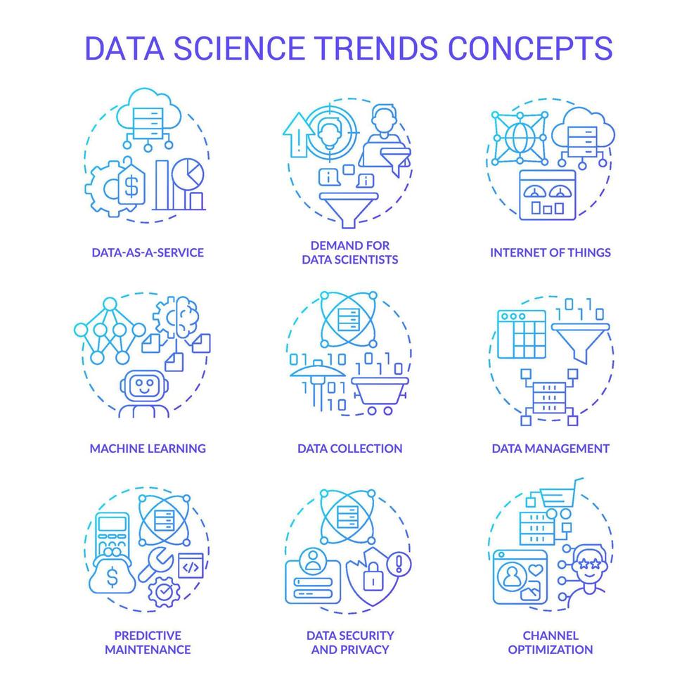 dati scienza tendenze blu pendenza concetto icone impostare. tecnologia sviluppo analitica idea magro linea colore illustrazioni. isolato simboli vettore