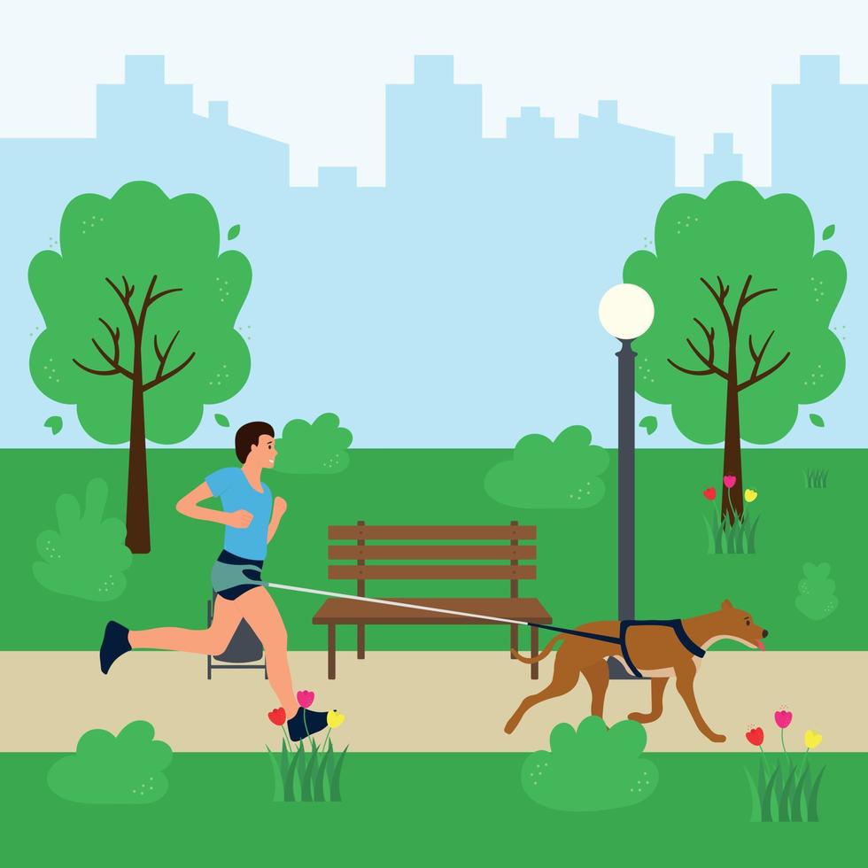 giovane uomo jogging nel il parco con il suo cane su un' guinzaglio. cura per un' animale domestico. vettore illustrazione