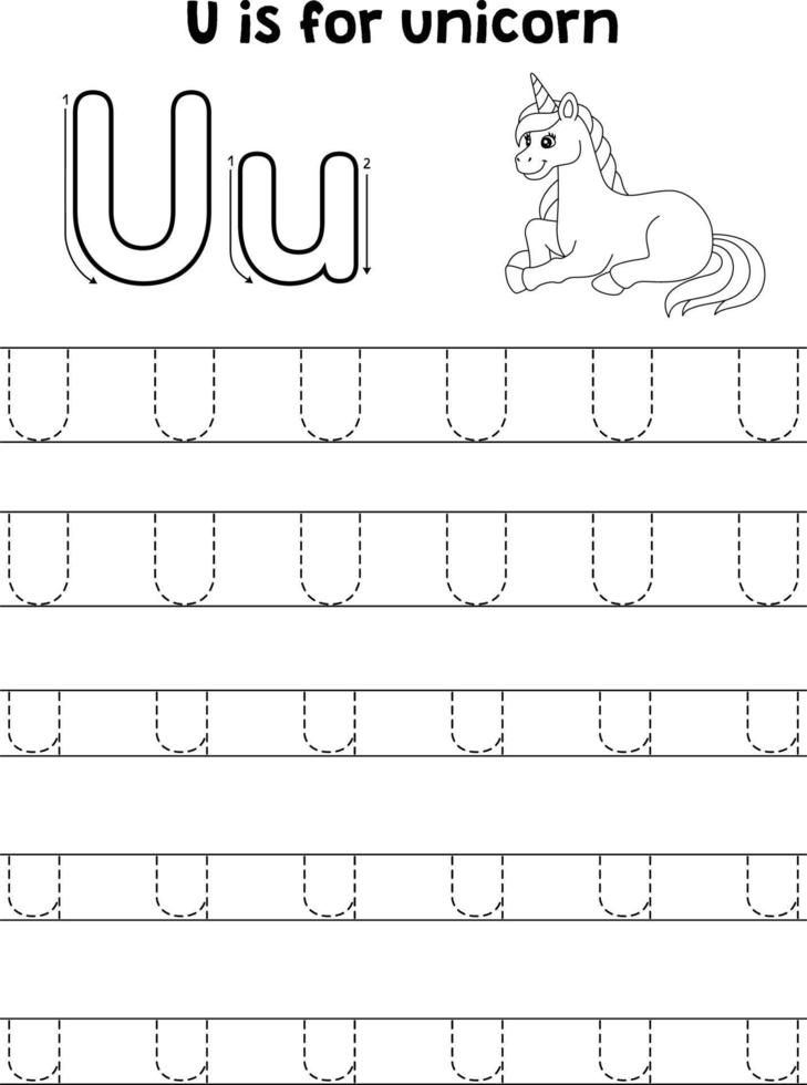 unicorno animale tracciato lettera abc colorazione pagina u vettore