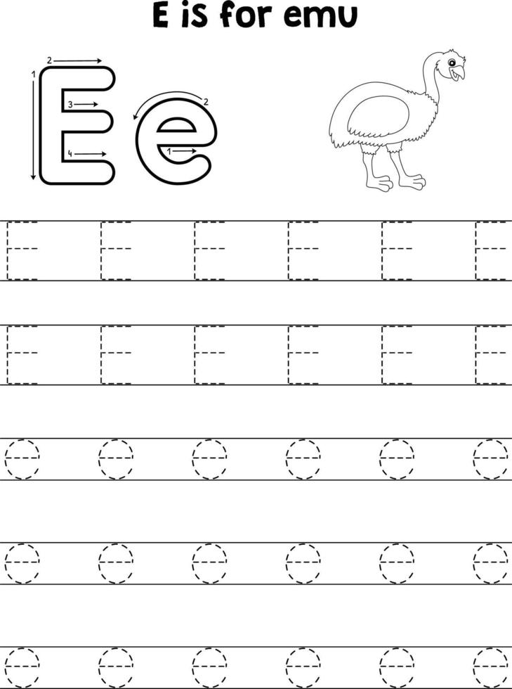 emu animale tracciato lettera abc colorazione pagina e vettore