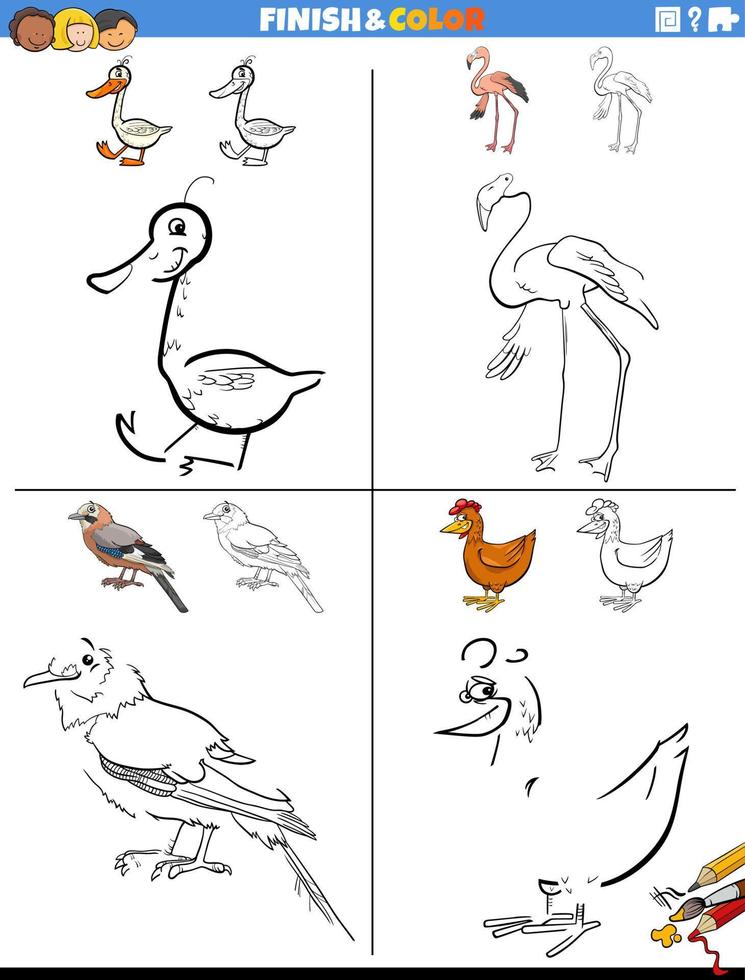 disegno e colorazione fogli di lavoro impostato con comico uccelli vettore
