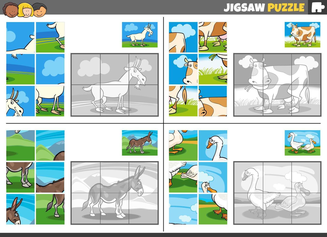 sega puzzle gioco impostato con azienda agricola animale personaggi vettore