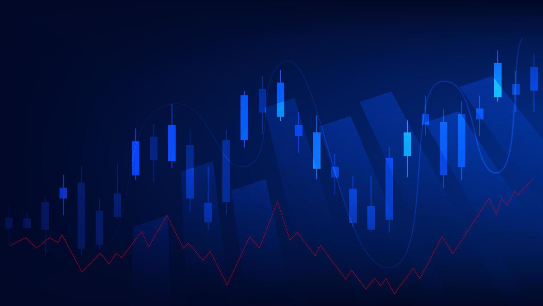 le statistiche sulle attività finanziarie con grafico a barre e grafico a candele mostrano il prezzo di mercato azionario e il guadagno effettivo su sfondo blu vettore