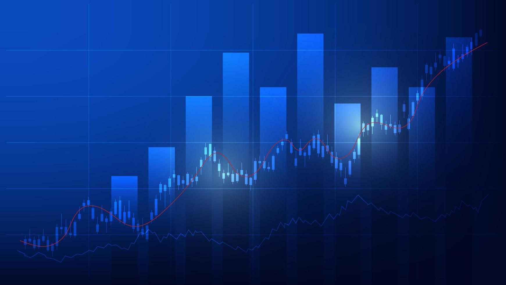 le statistiche sulle attività finanziarie con grafico a barre e grafico a candele mostrano il prezzo di mercato azionario e il guadagno effettivo su sfondo blu vettore