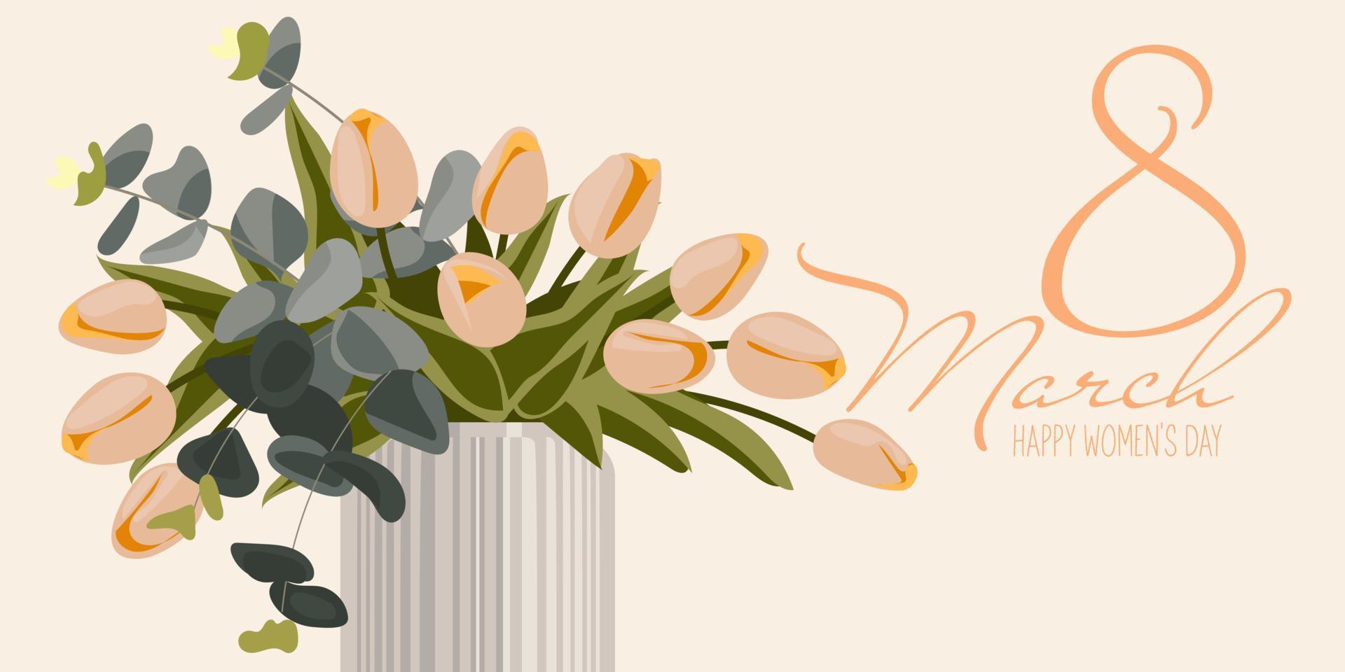 un' mazzo di primavera fiori nel un' vaso di marzo 8. il tulipani siamo rosa con un iscrizione. piatto design. disegnato a mano alla moda vettore saluto carta. stampa su carta