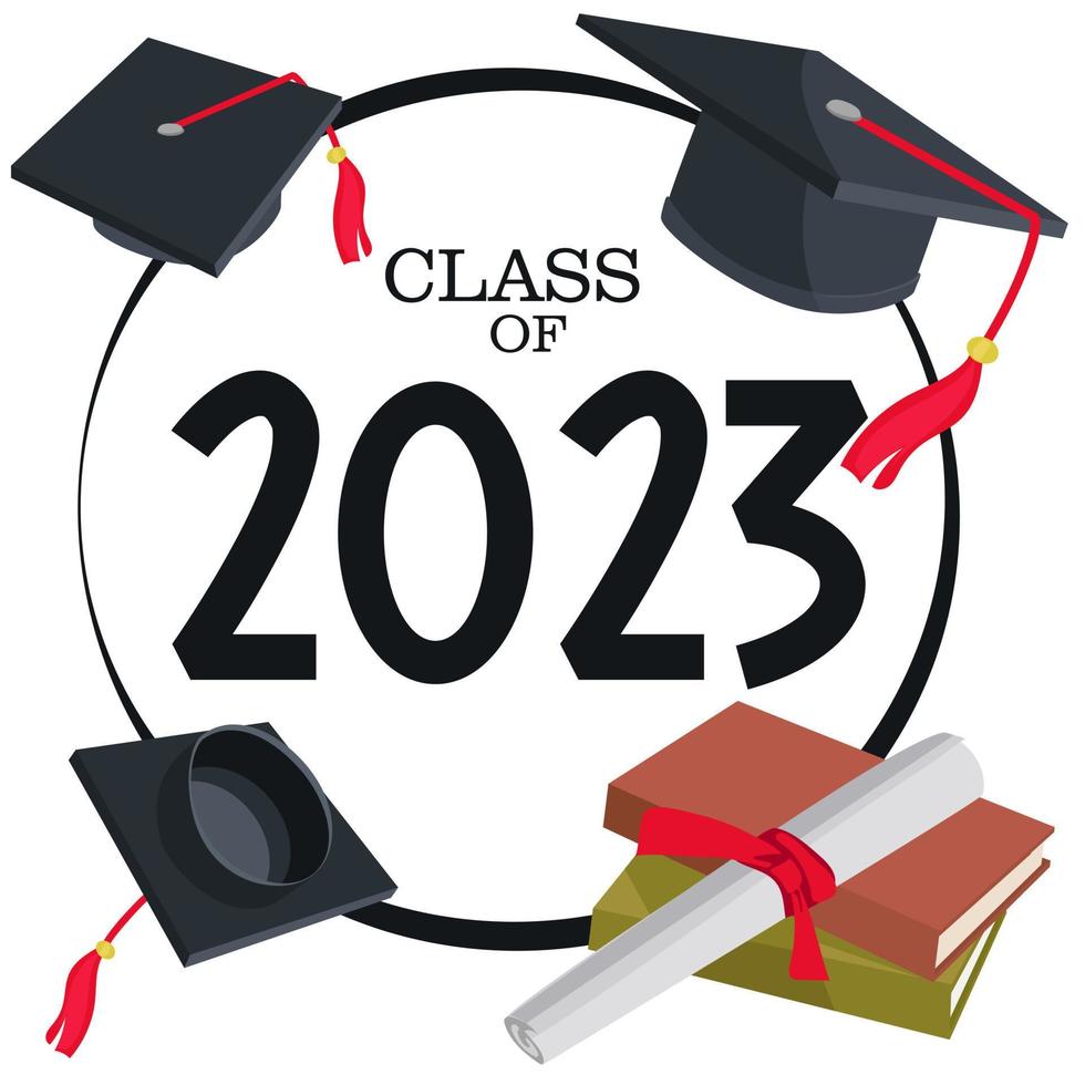 classe 2023 distintivo design modello nel nero e rosso colori. Congratulazioni per laureati 2023 bandiera etichetta cartolina con accademico cappello, diploma per la laurea a partire dal alto scuola o Università vettore