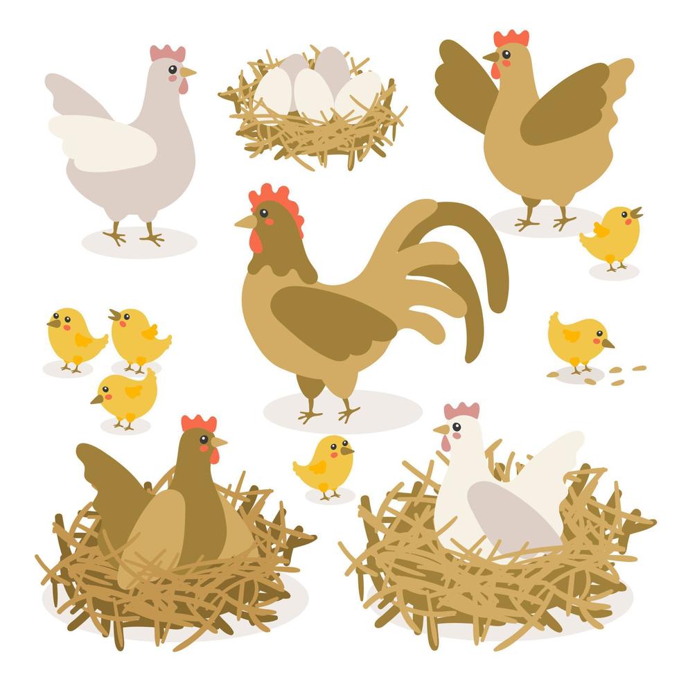 vettore colorato polli, polli e pollo uova. un illustrazione di scarabocchi isolato su un' bianca sfondo. un' impostato di uccelli per Pasqua, arredamento, invito, cartoline.