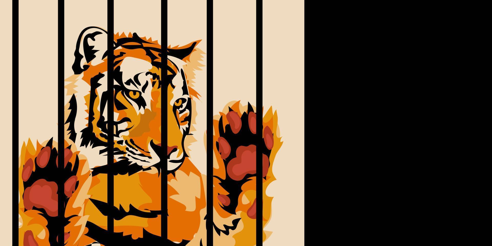 vettore illustrazione nel realistico stilizzato stile di un' selvaggio tigre nel un' gabbia isolato su un' bianca sfondo. bandiera per animale protezione. circhi senza animali. Leone con sollevato zampe