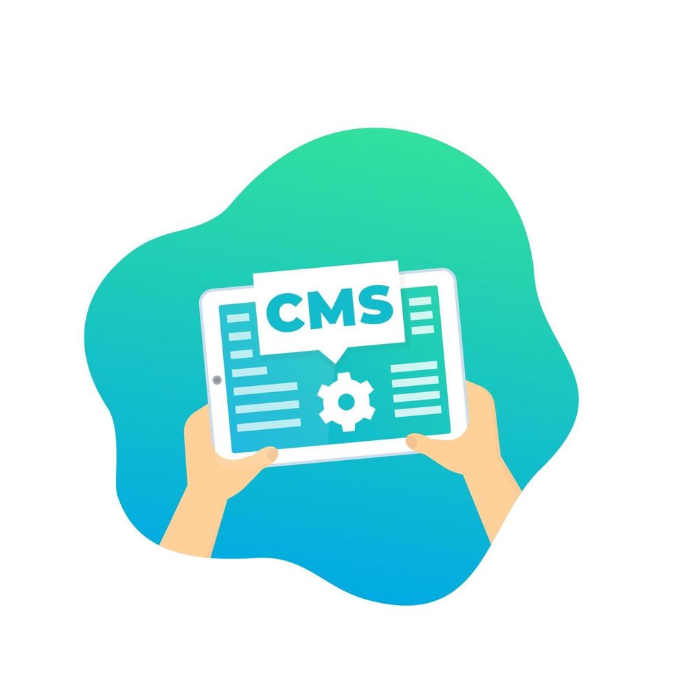 cms, sistema di gestione dei contenuti, tablet in mano, vector.eps vettore